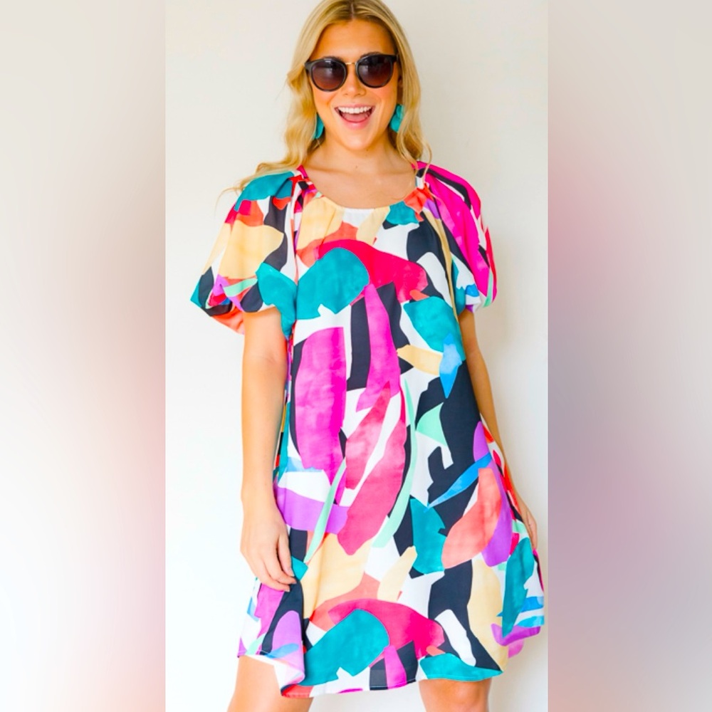 JODIFL NWT Popover Abstract Print Puff Sleeves Shift Dress Size Medium
